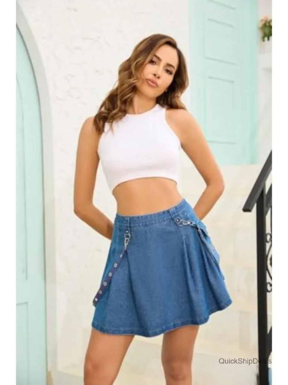 High Waist Pleated Denim Mini Skirt with Chain and Pocket